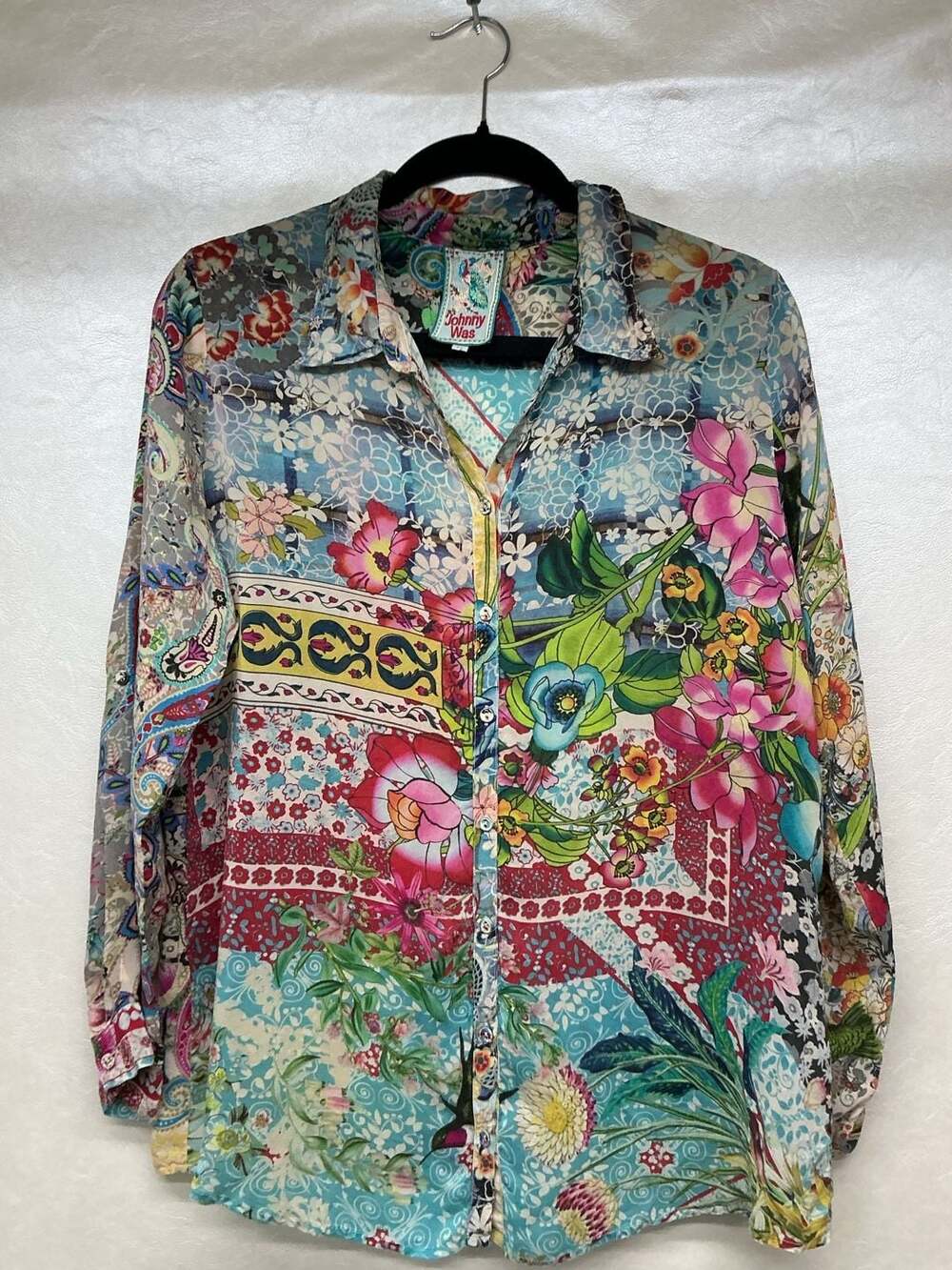 Johnny Was Multi-Color Floral Patchwork Button-Down Shirt